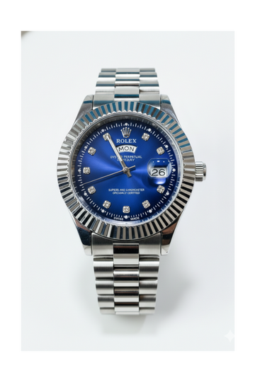 Blue Dial Luxury Watch with Silver Chain & Original Rolex Box