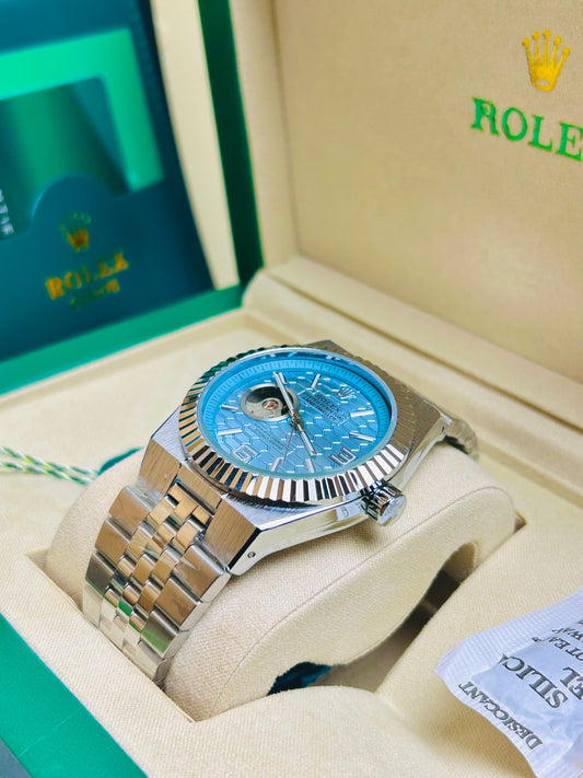 Rolex Oyster Perpetual Land-Dweller watch with an ice blue honeycomb motif dial,