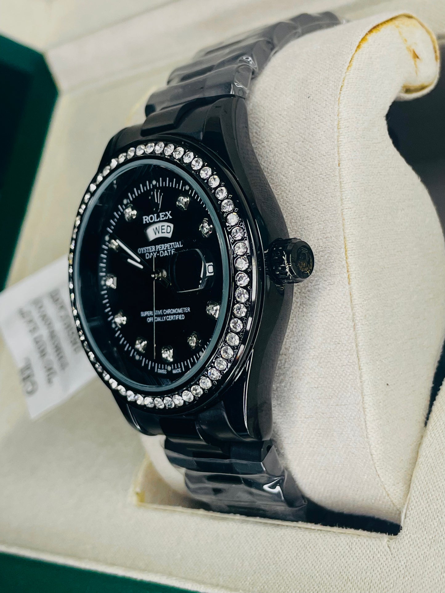 Luxury Black Watch with Stone-Studded Black Dial & Original Rolex Box