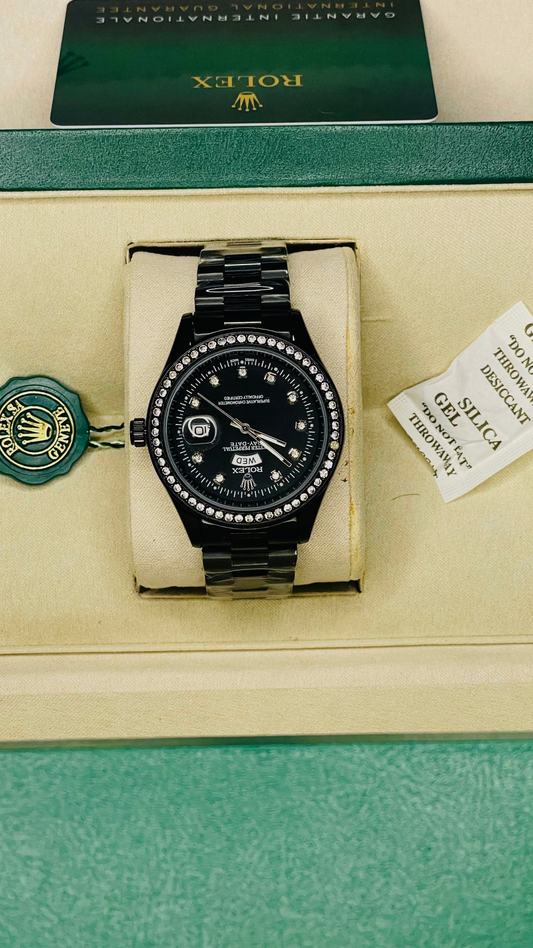 Luxury Black Watch with Stone-Studded Black Dial & Original Rolex Box