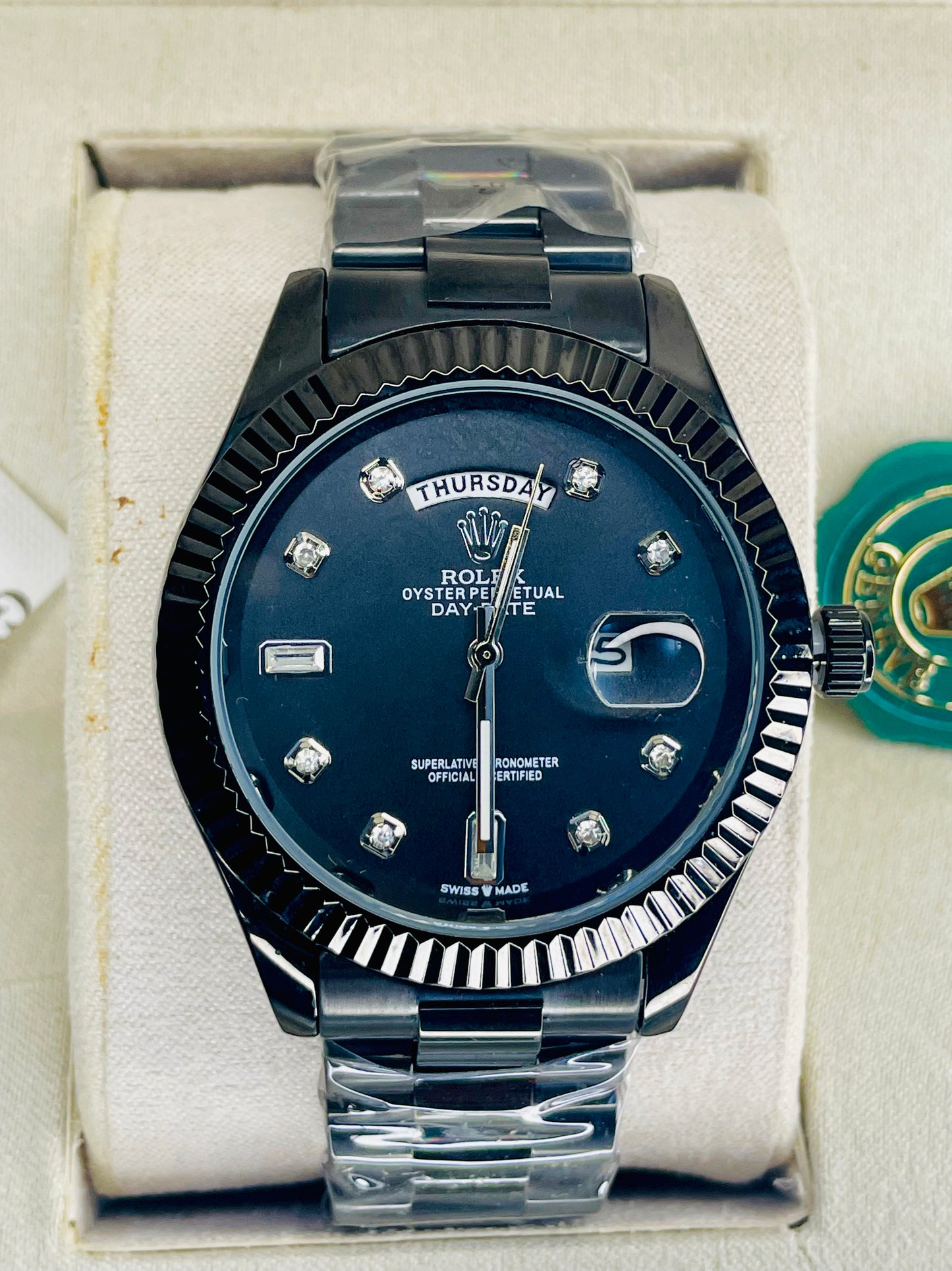 Premium Black Luxury Watch – 43mm, Mechanical Chronograph + Original Rolex Box