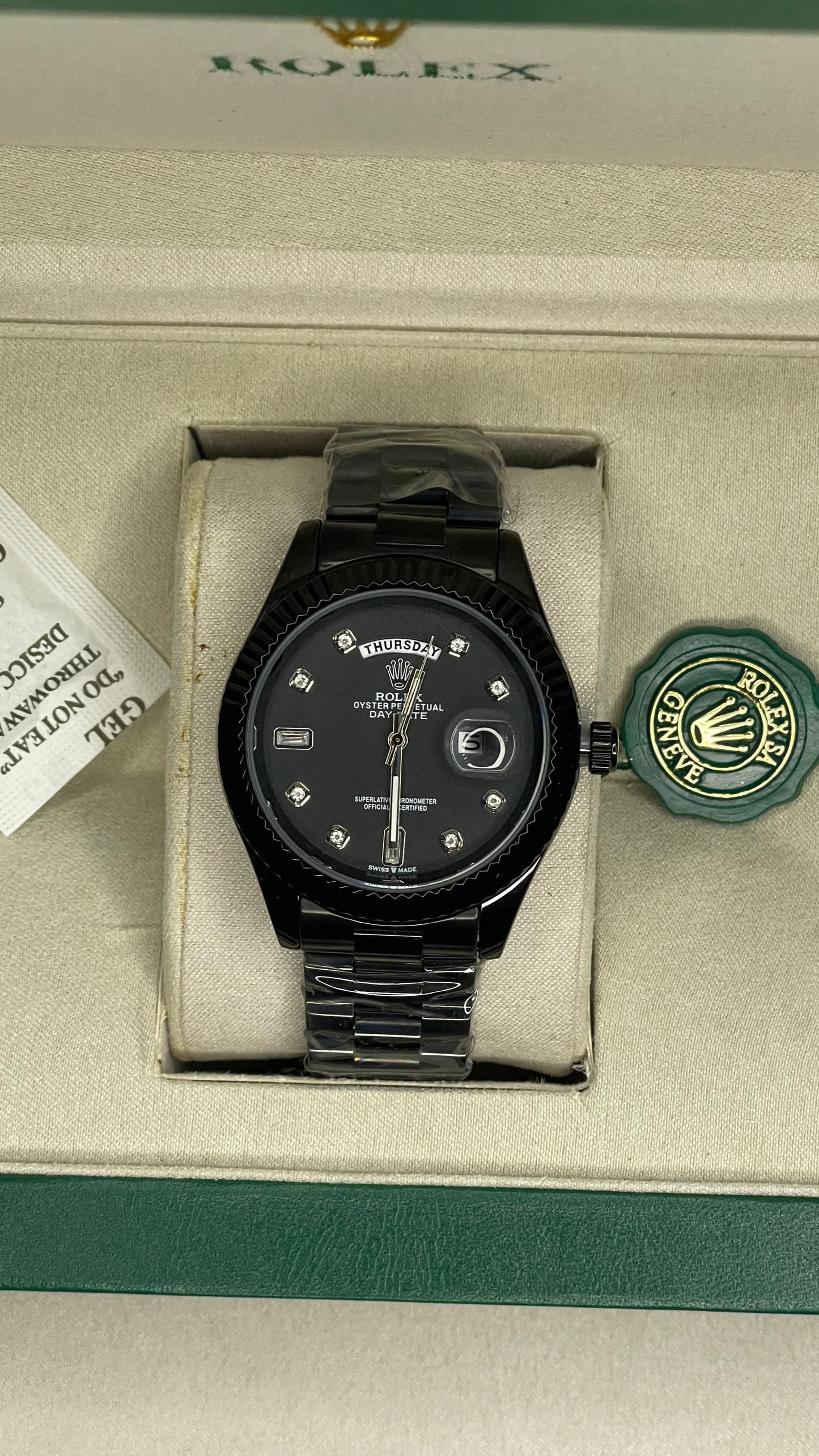 Premium Black Luxury Watch – 43mm, Mechanical Chronograph + Original Rolex Box