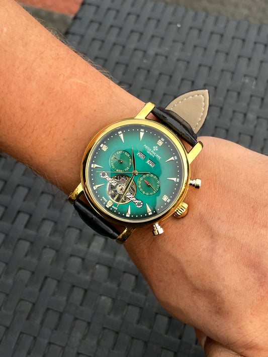 Luxury Green Dial Automatic Skeleton Watch – Premium Leather Strap (Gold Case)