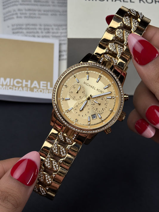Gold Crystal Chronograph Ladies Watch